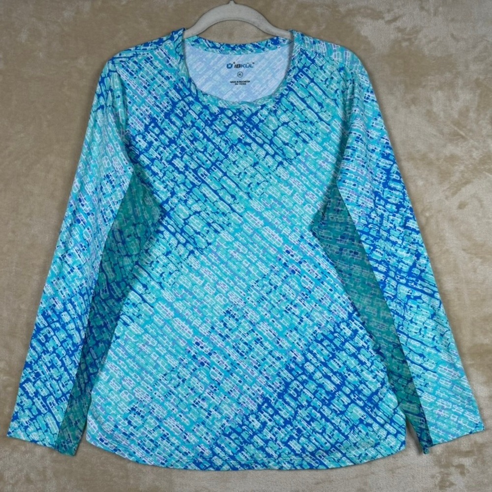 IBKUL Womens XL Blue Teal Geometric IceFil Long Sleeve Sun Shirt Mesh Panels